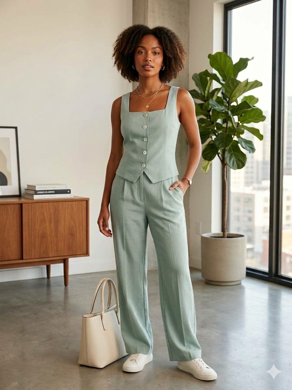 Abercrombie & Fitch Mint Green Mara Tailored Vest Squareneck Set Top and Pants - Picture 7 of 7